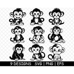 Cute Baby Monkey Adorable Playful Primate Tiny Curious Playful PNG,SVG,Eps,Cricut,Silhouette,Cut,Laser,Stencil,Sticker,D