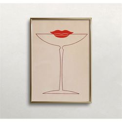 Martini Glass and Lips, Bar Wall Decor, Vintage Wall Art, Minimalist Wall Art, Woman and Martini Art, Digital DOWNLOAD,