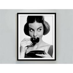 Woman Drinking Coffee Poster, Black and White, Vintage Kitchen Print, Coffee Shop Decor, Retro Wall Art, Coffee Bar Art,