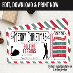 Christmas Surprise Golfing Lessons Gift Voucher, Golf Lessons Printable Template Gift Card, Editable Instant Download