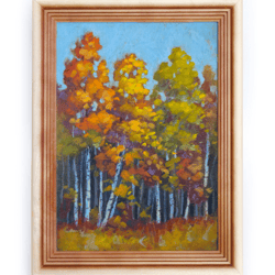 Oil pastel painting Autumn country landscape art Small painting