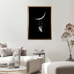 swing on moon canvas print art, astronaut on swing canvas wall decor, lone astronaut ready to hang on wall canvas wall d