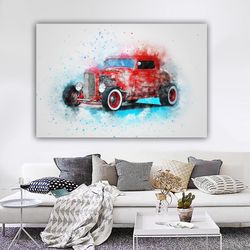 Car Water Color Looking Canvas Painting, Car Prints Art Decor,Colorful Car Wall Art,Red Car Canvas Painting-2