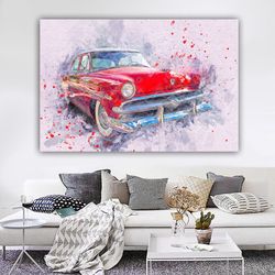 Car Water Color Looking Canvas Painting, Car Prints Art Decor,Colorful Car Wall Art,Red Car Canvas Painting