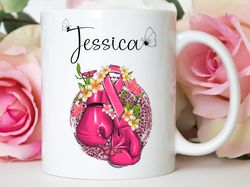 Personalized Name, Pink floral boxing gloves Breast Cancer Awareness Mug, Double sided print