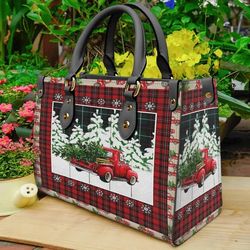Red Truck Merry Christmas Women leather Bag Handbag,Christmas Woman Handbag,Christmas Women Bag and Purses