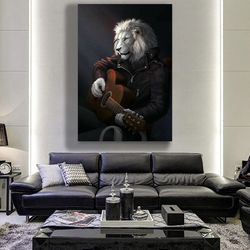 Lion Playing Guitar Canvas Print, Portrait Of Lion In Leather Jacket, Ready To Hang On Wall Canvas Print, Lion Playing G