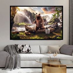 Fishing Bear Canvas Wall Art, Canvas Print, Brown Bear Canvas Print, Modern Home Decor Canvas Ready To Hang
