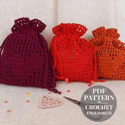 Crochet drawstring pouch pattern, Gift bag crochet pattern, Christmas gift pouch goodie, Crochet storage bag.