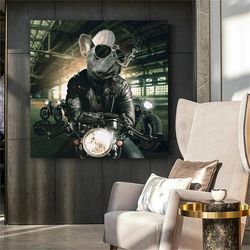 Biker Dogs Canvas Wall Art , Smoking Dog Canvas Painting , Motorcycle Canvas Print, Ready To Hang Canvas Print