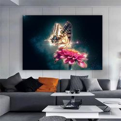 Glowing Gold Butterfly Canvas Print Art, Butterfly Set On Pink Flower Ready To Hang On Wall Canvas Print Art, Wall Decor