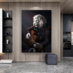 Lion Playing Guitar Canvas Print Art, Portrait Of Lion In Leather Coat Playing Guitar Ready To Hang On Wall Canvas Print