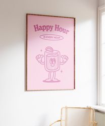 Happy Hour Printable Wall Art, Retro Pink Poster, Cute Bar Wall Decor, Vintage Inspired Drink Poster, Printable Wall Art