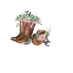 Digital downloadable Cowboy boots and hat PNG file, Western Rustic PNG, pink feathers, cactus, greenery and flowers. Boutique BoHo PNG .