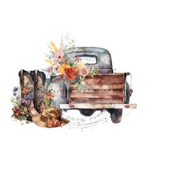 rustic farm truck sublimation png - cowboy hat and boot with colorful flowers - western farm digital clipart - instant download