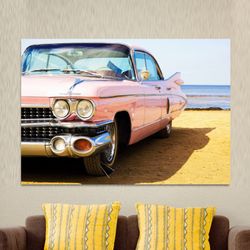 Classic Car Poster, Vintage Car Canvas Gift, Garage Canvas Decor, pink classic car