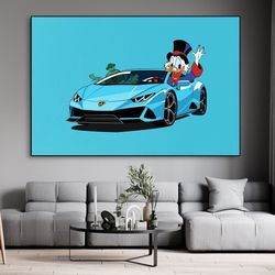 Disney Rich Donald Duck Shopping Poster And Print Sports Car Canvas Painting Supercar Comic Wall Art Living Room Home De
