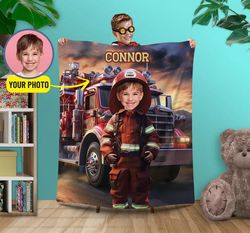 Custom Kids Gift Blanket with Photo, Personalized Firefighter Boy Blanket, Custom Firefighter Gifts for Boys, Name Kids