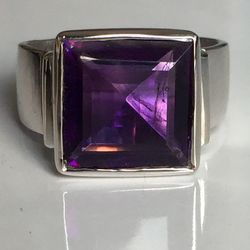 Natural9.11 Carat Square Shape Amethyst Stone Men Ring In 925 Sterling Solid Silver