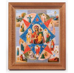 Russian Orthodox Icon Theotokos the Unburnt Bush | Lithography print in wooden frame covered with glass | Size: 6" x 5"