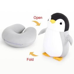 Deformable U-shape Travel Pillow: Penguin Plush Toy Neck Cushion for Airplane Comfort