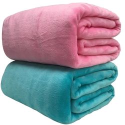 Soft Coral Fleece Blanket 220gsm | Lightweight Pink Blue Throw for Sofa & Bed | Flannel Blanket