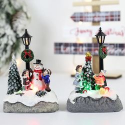 LED Christmas Village Ornaments Microlandscape Resin Figurines Decoration Santa Claus Pine Needles Snow View Holiday