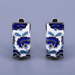 Handmade Flower-Shaped Blue Enamel 925 Silver Earrings for Women - Fashion Party Jewelry