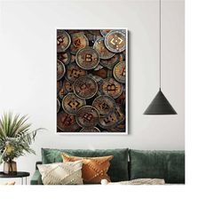 home and office canvas art, canvas home decor, bitcoin with bright, money canvas art, crypto canvas, golden bitcoin wall