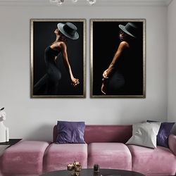 Woman in suit canvas, woman silhouette canvas painting, black woman print, women with 2 hats home decor
