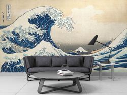 Japan Wall Paper, View Digital Paper, Rough Sea Wall Decals, Japanese Wallpaper, The Wave off Kanagawa Wallpaper, Gift F