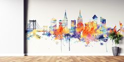 Watercolor City Wall Paper, Colorful Wall Decor, Landscape Wall Art, Cityscape Wall Print, Self Adhesive Paper, Office W