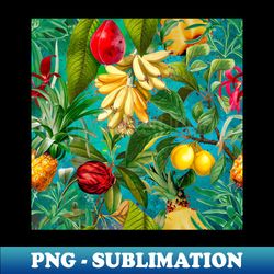 vibrant tropical floral leaves and fruits floral illustration botanical pattern aqua turquoise fruit pattern over a - high-quality png sublimation download - unleash your creativity