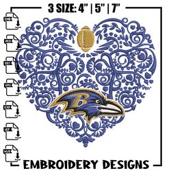 Baltimore Ravens Heart embroidery design, Ravens embroidery, NFL embroidery, Logo sport embroidery, 268
