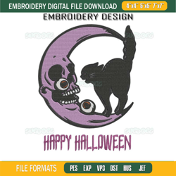 Happy Halloween Black Cat Moon Embroidery Design File, Happy Halloween Embroidery Design File