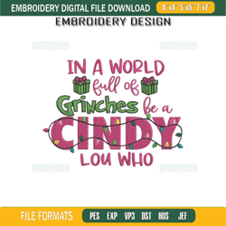 In A World Full Of Grinches Be A Cindy Lou Who Embroidery Design File, Christmas Lights Embroidery Design File