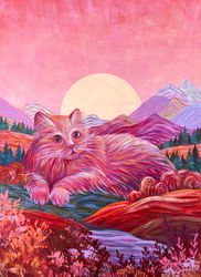 Large Cat in Landscape painting original art pink orange wall art