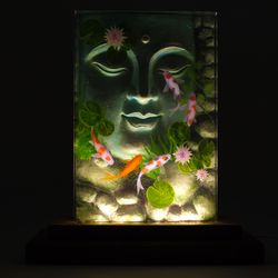 Buddha Sculpture Embodies With Koi Fish And Water Lily 3D Painting - Epoxy Resin Lamp | ARTVISI