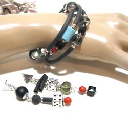 Trending layered bracelet and asymmetrical earrings set, black rubber and stone bracelet and earrings jewelry set