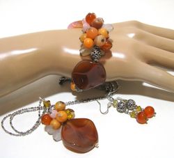 Multi gemstone Boho style jewelry set of bracelet, pendant necklace and earrings