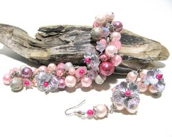 Handmade charm bracelet, pink glass pearls and flowers bracelet and earring set, summer jewelry set