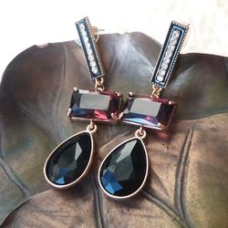 Handmade long drop statement earrings, black and purple crystal earrings