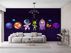 Astronaut Wallpaper, Galaxy Wall Decor, Planet Wall Decals, Wallpaper Border, Paper Wall Art, Kids Room Mural, Room Wall