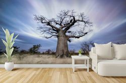 Baobab Tree Wallpaper, Tree Paper Art, Big Tree Wall Print, Self Adhesive Paper, Landscape Mural, 3D Papercraft, Wall De