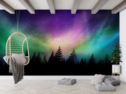 Decor For Wall, Removable Wallpaper, Canadian Forest Wall Paper, Landscape Wall Paper, Wall Decals, Aurora Borealis Land