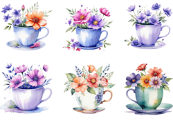 Tea cup clipart png, Tea party clipart, Flower cup PNG, Watercolor cup 10 PNG, Romantic flower clipart, Commercial use,