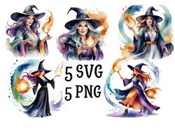 Witch SVG, Witch clipart, Mystical SVG, Watercolor witch, Witchcraft Clipart Bundle, Witchcraft PNG, 5 SVG-PNG instant d