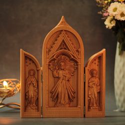 Catholic Triptych Jesus Christ- St. Joseph- Virgin Mary Religious Gifts Wooden Catholic Home Altar Jesus Christ Home