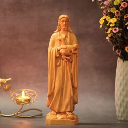 Jesus Christ with a Lamb Wooden Statue Christian Statue Christmas Decor Catholic Home Decor Holiday Ornament Wood Statu