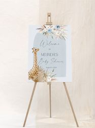 Personalized Blue Pampas Grass Baby Shower Welcome Sign, Boho Giraffe Baby Shower Welcome, Boho Reception Sign, Baby Sho